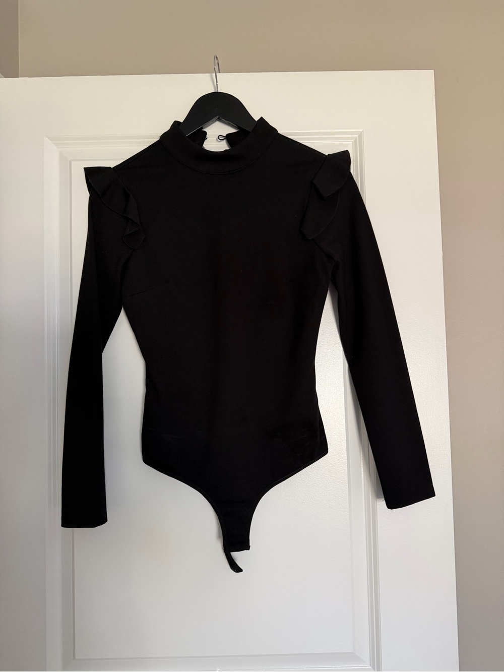 bebe Black Long-Sleeve Ruffle Shoulder Mock Neck Bodysuit